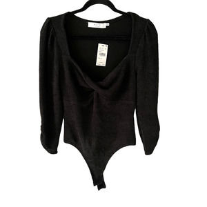 AFRM Twist Front Long Sleeve Crepe Textured Bodysuit Black Size Medium NWT